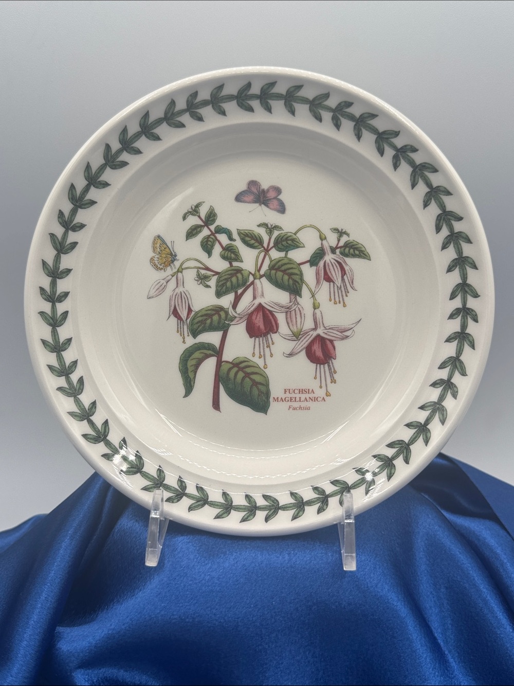 Portmeirion White Plate with Green Leaf Border and Pink Fuchsia Floral Motif